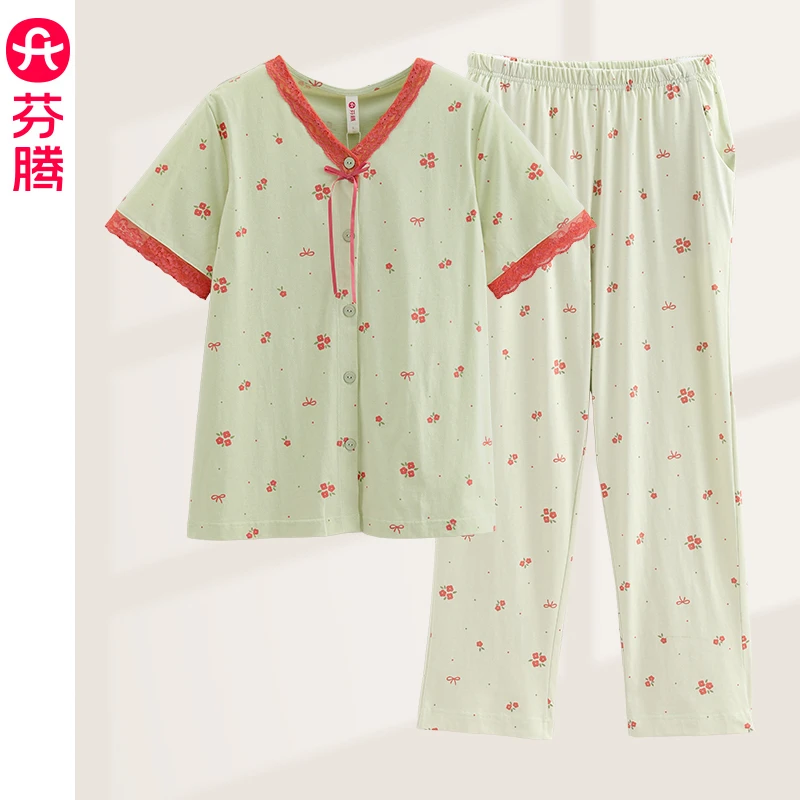 芬腾睡衣女夏格子2025新款纯棉宽松舒适短袖长裤V领家居服套装