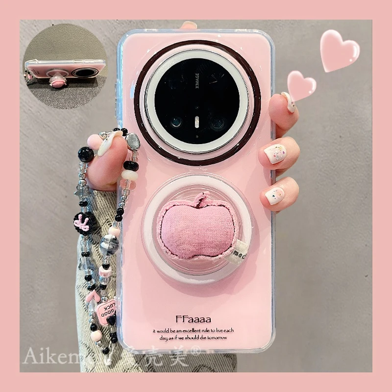 适用华为mate70pro+手机壳粉英文布艺Mate60pro+苹果磁吸支架链条
