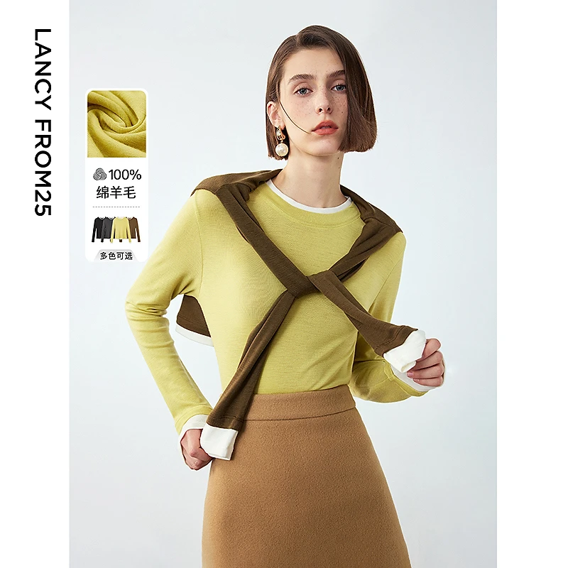 【明星同款】朗姿纯羊毛气质高级感撞色修身上衣女2024冬新款T恤