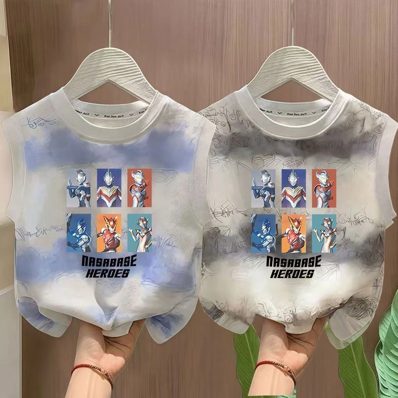 男童奥特曼T恤夏季渐变纯棉无袖t背心薄款儿童卡通宝宝中大童夏装