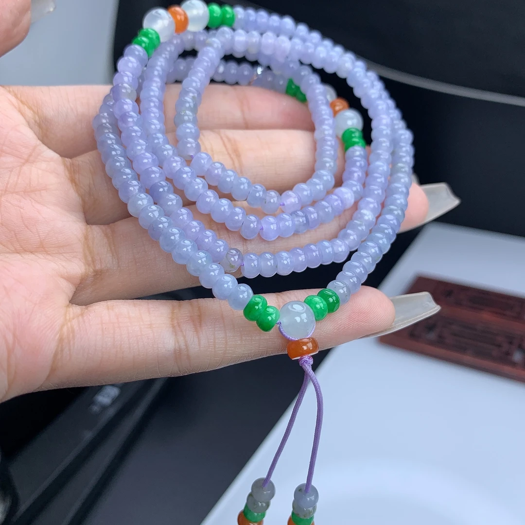缅甸A货翡翠紫罗兰色多宝算盘珠项链多圈长串T卡4.8-6.7mm740mm