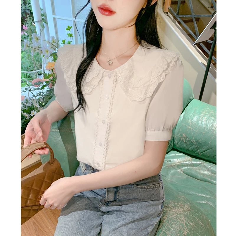 娃娃领雪纺短袖衬衫女夏季2025年新款女士泡泡袖衬衣气质法式上衣