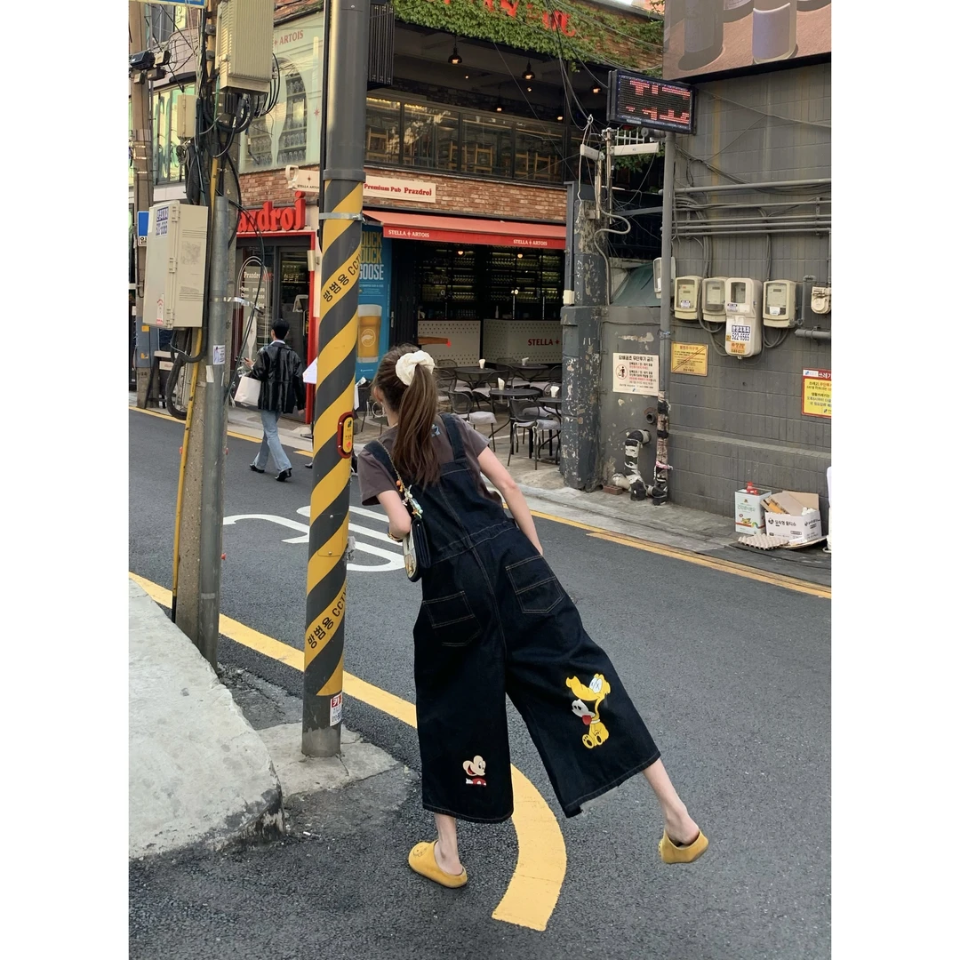 TG陶格 美式复古贴布老鼠刺绣牛仔阔腿休闲背带裤TG25B2K1254