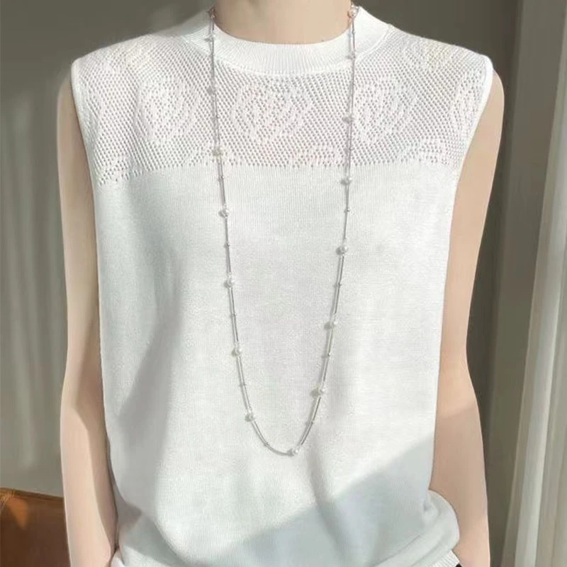 【莱赛尔】镂空雕花设计感圆领无袖背心打底-1055