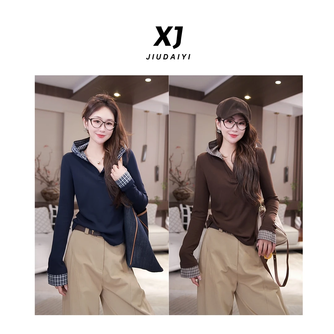 玖黛衣【初顾】新款时尚百搭休息连帽显瘦长袖T恤 TXJ44202