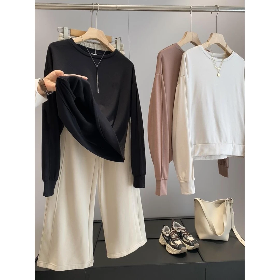 慵懒风圆领绒感套头长袖卫衣宽松打底外穿上衣卫衣