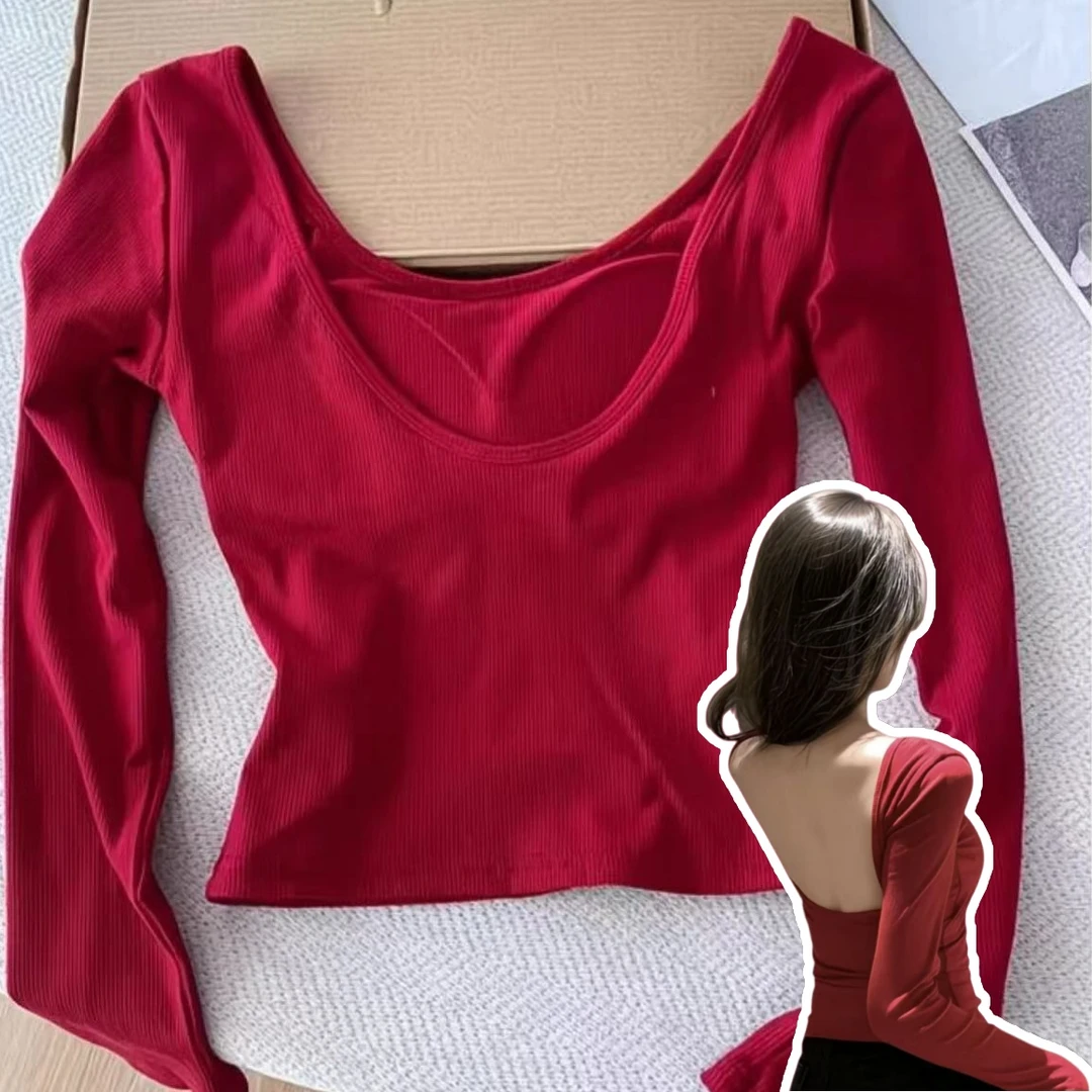 纯欲大U露背修身显瘦长袖T恤女带胸垫带防滑条可外穿时尚上衣女E