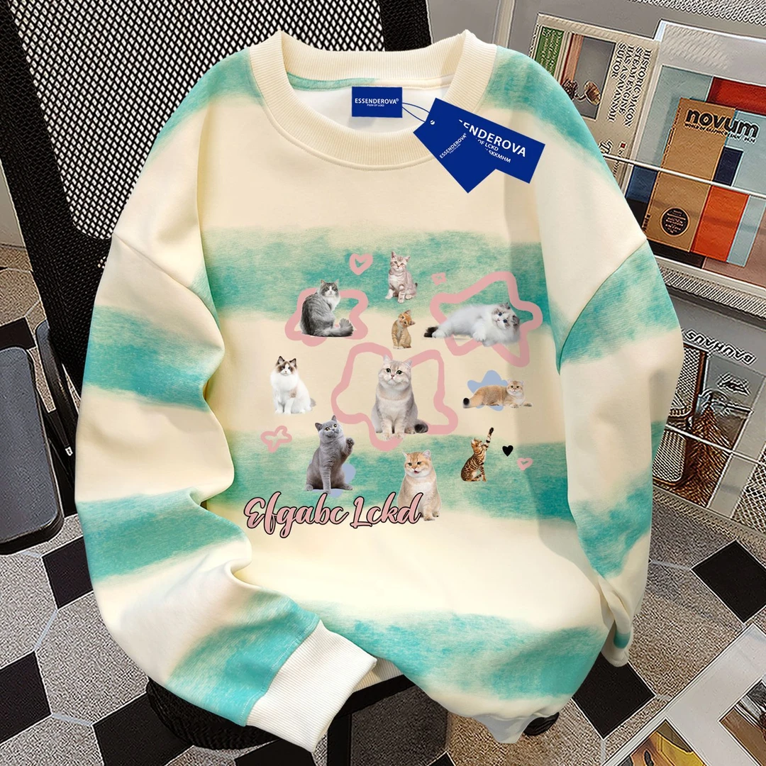 日系休闲可爱扎染横条圆领卫衣男女秋冬季加绒加厚宽松显瘦上衣