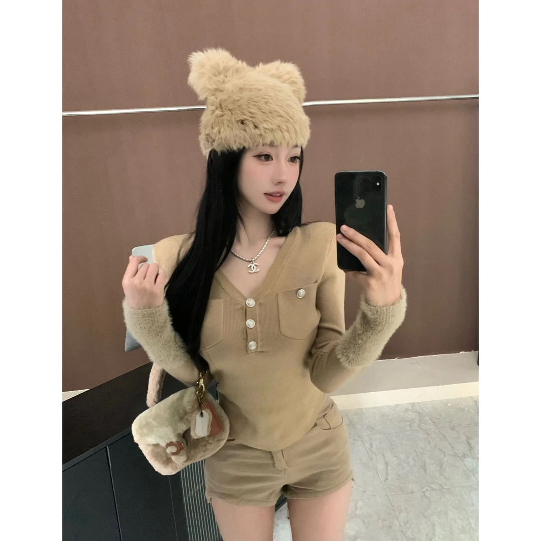 秋冬纯欲甜美辣妹风复古系垫肩长袖针织衫女