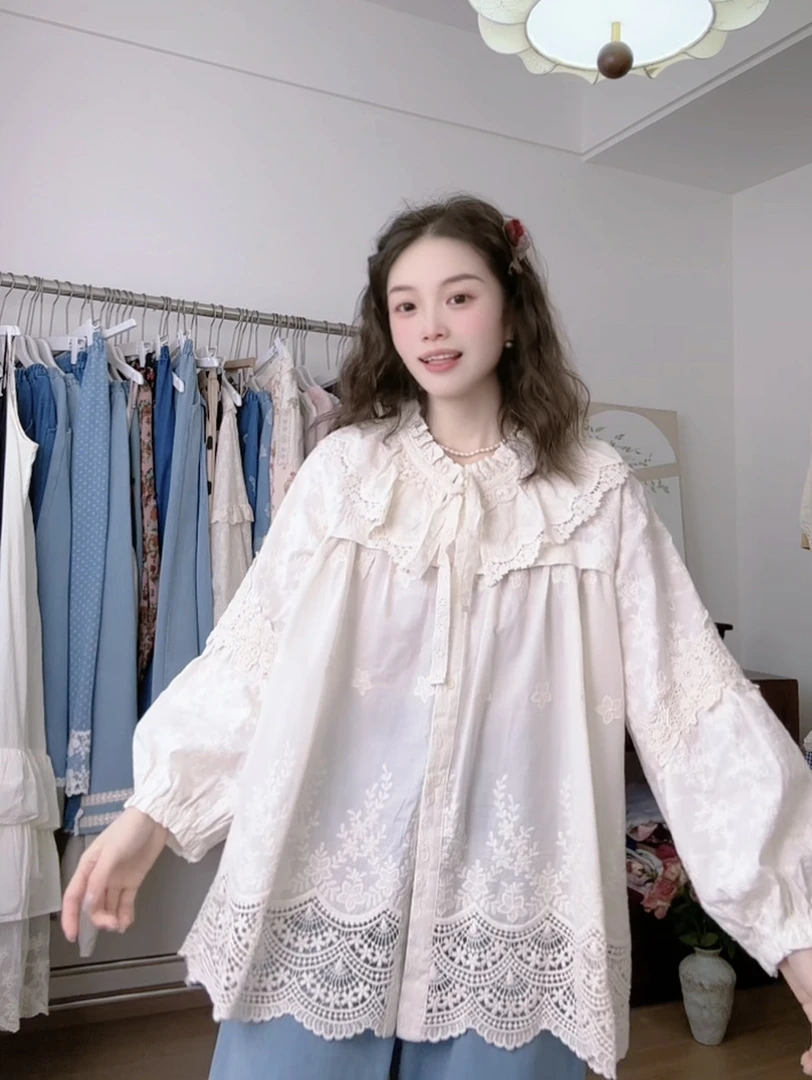 可衣-【海上月】森系高品质重工刺绣花边领长袖衬衫