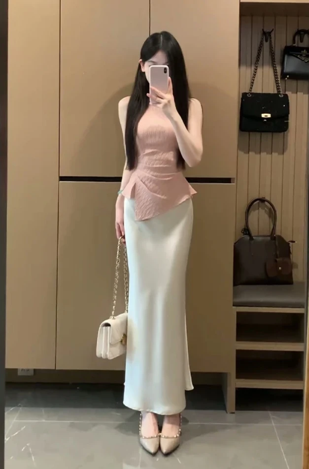 2025夏季新款女法式高级感圆领不规则无袖上衣高腰显瘦包臀半身裙