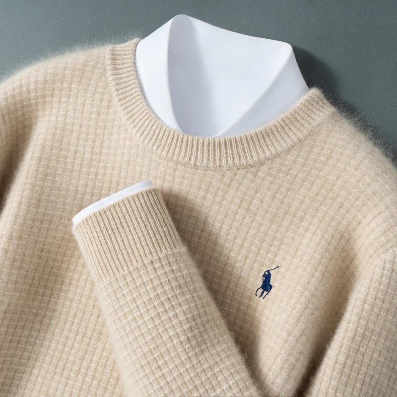 男士七针加厚圆领小圆格100纯羊毛D811刺绣