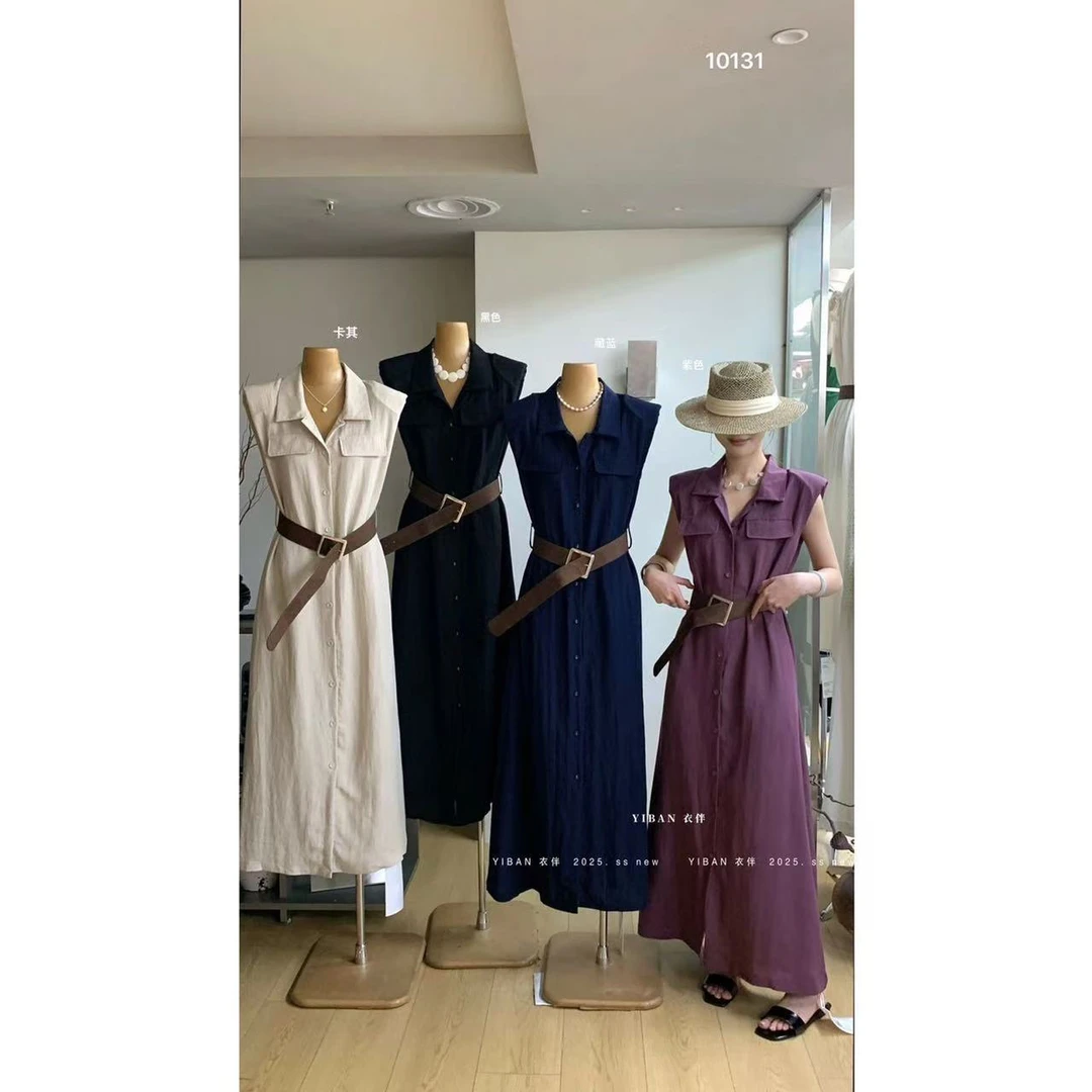 高级翻领带腰带无袖收腰气质显瘦夏季长款纽扣连衣裙