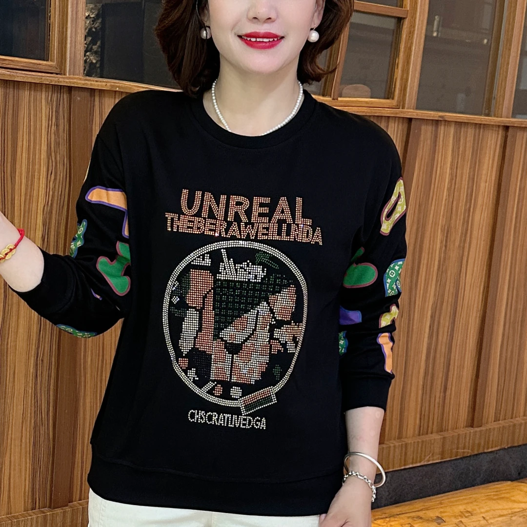 秋季新款时尚圆领烫钻宽松显瘦女装印花气质休闲百搭妈妈装 B8873