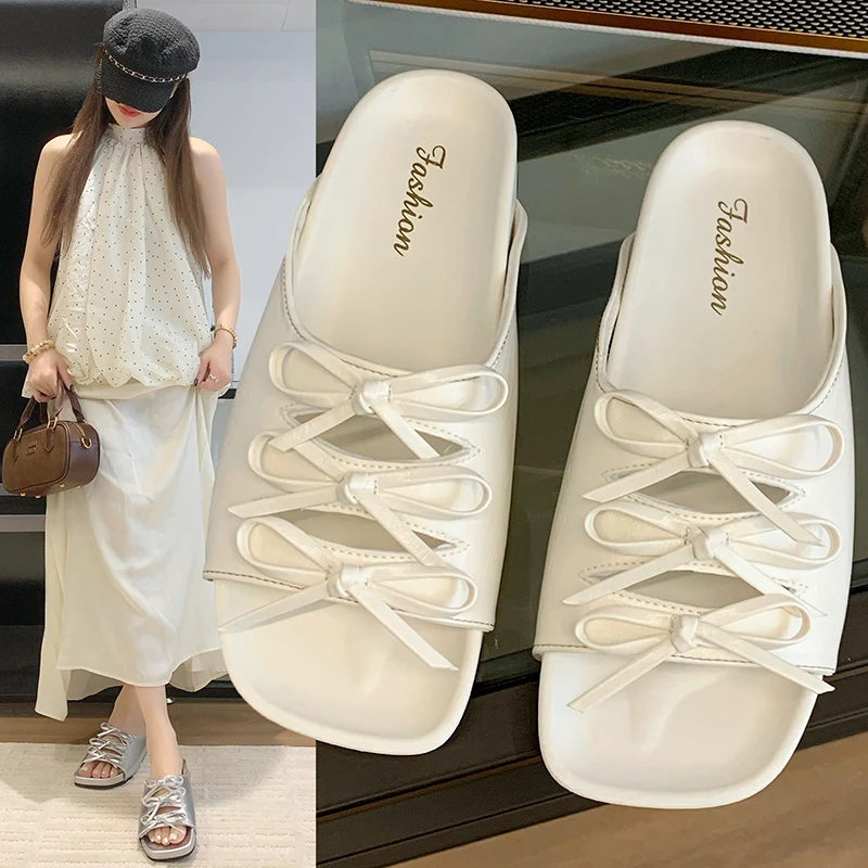 甜美蝴蝶结平底露趾一字拖鞋女夏外穿法式绝美配裙子沙滩凉拖鞋子