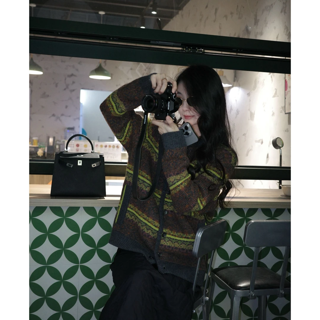 复古慵懒风宽松条纹撞色针织毛衣开衫外套