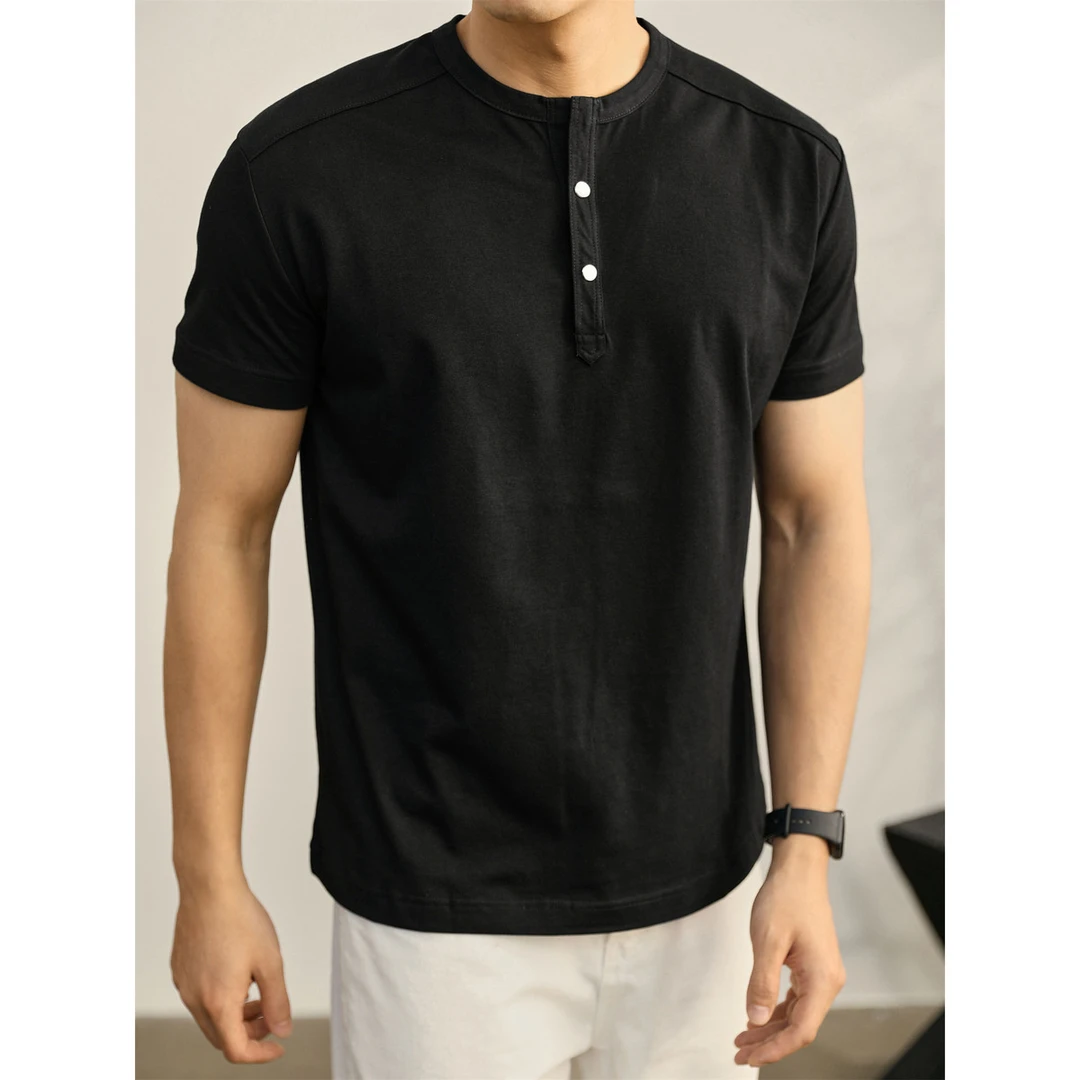 奥兰德保罗高级感休闲纽扣亨利领短袖男士夏季简约百搭冰感棉T恤