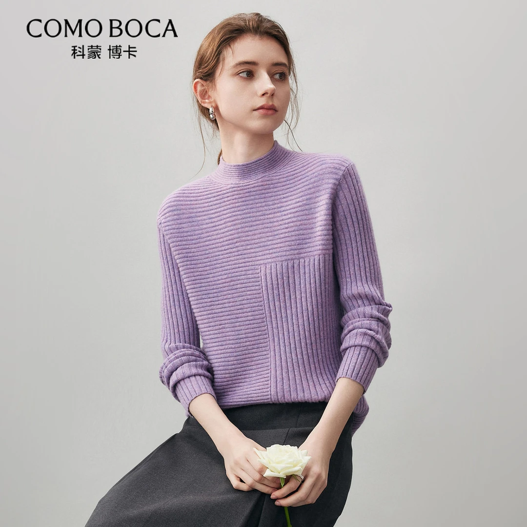 COMOBOCA/科蒙·博卡25冬季半高领不规则抽条100纯羊绒衫女KST1396