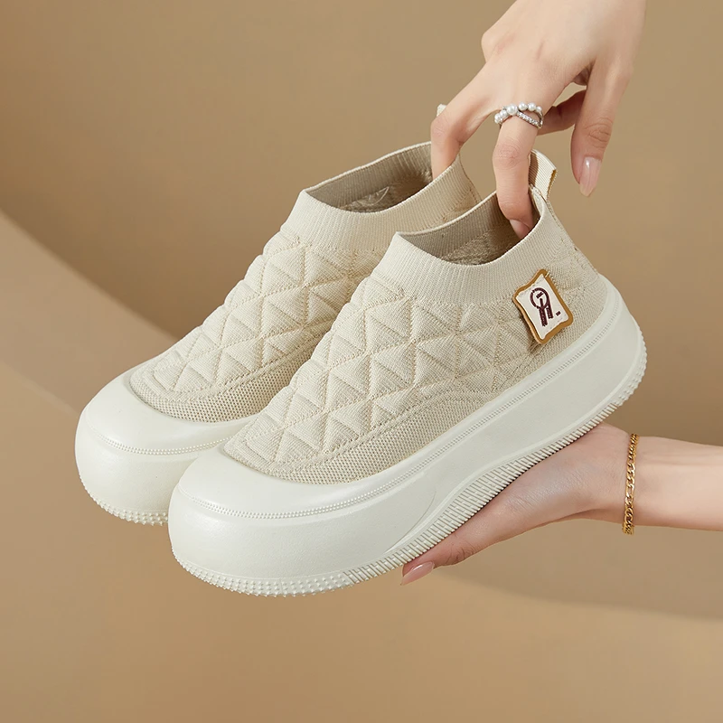 春秋新款单鞋女时尚休闲妈妈鞋厚底舒适一脚蹬休闲鞋平底防滑女鞋