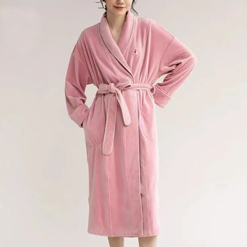 （优雅长袖睡袍）秋冬季加厚宽松中长款收腰腰带款纯色睡袍D