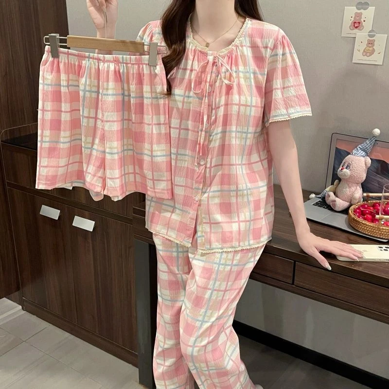云朵棉睡衣女三件套带胸垫夏天薄款短袖格仔甜美休闲洋气居家外出