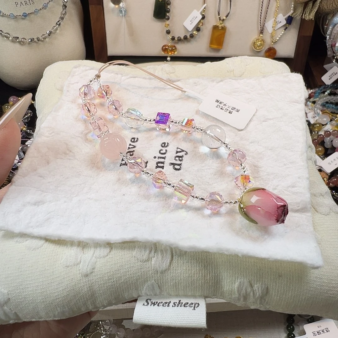 水晶手链未镶嵌粉水晶玫瑰花手机挂