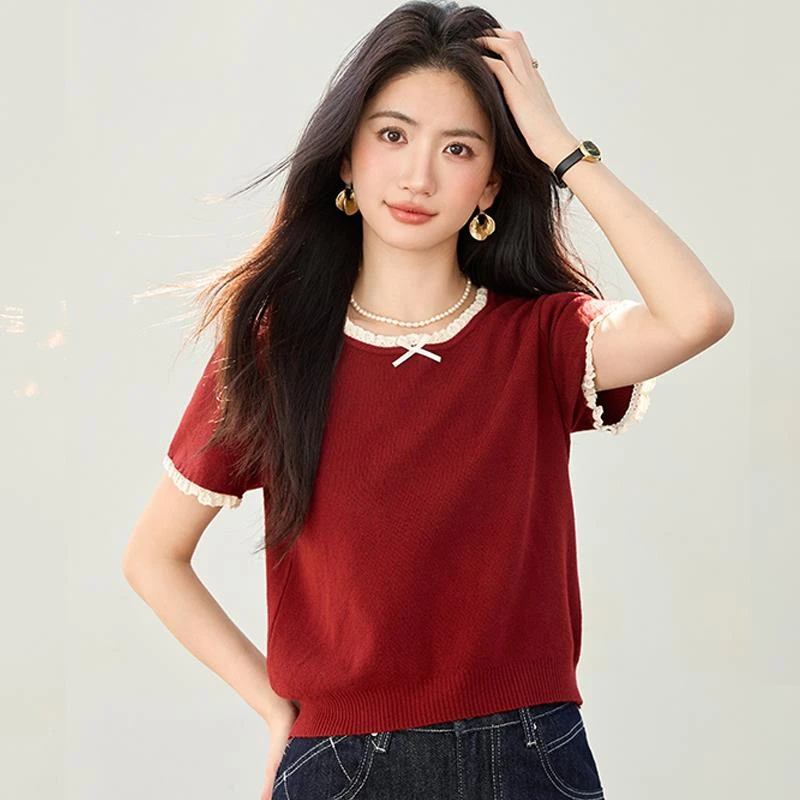 杜拉妮短袖t恤女2025新款夏季薄款针织衫 小个子高腰短款气质上衣