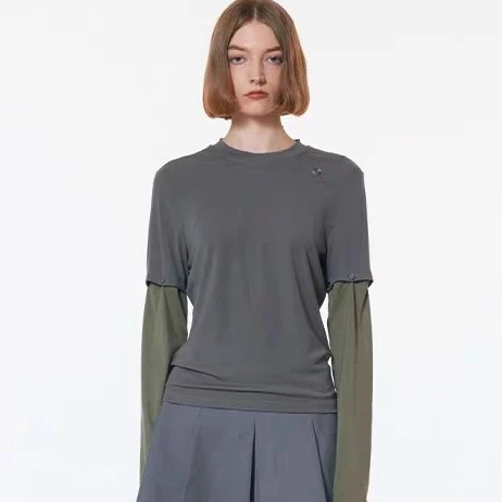 UHOOWU圆领拼接可拆卸长袖T恤女25早春新款