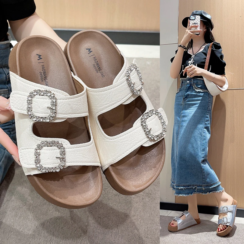 吐司水钻拖鞋女2025年新款百搭勃肯鞋松糕厚底韩版勃肯凉拖鞋女