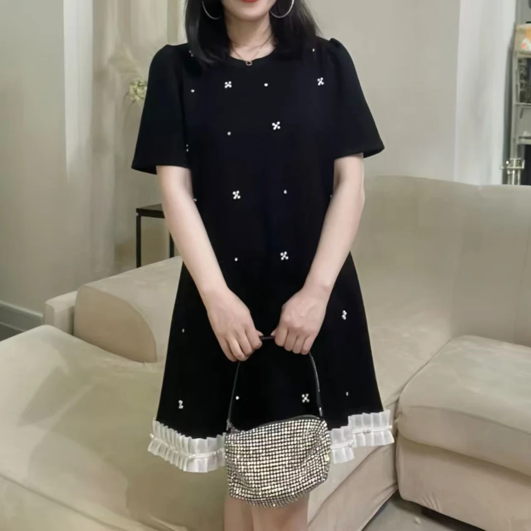 胖妹妹大码气质订珠连衣裙