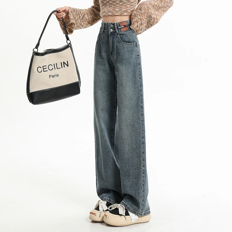 美式复古蓝色直筒牛仔裤女新款加绒高腰显瘦宽松垂感百搭阔腿裤子