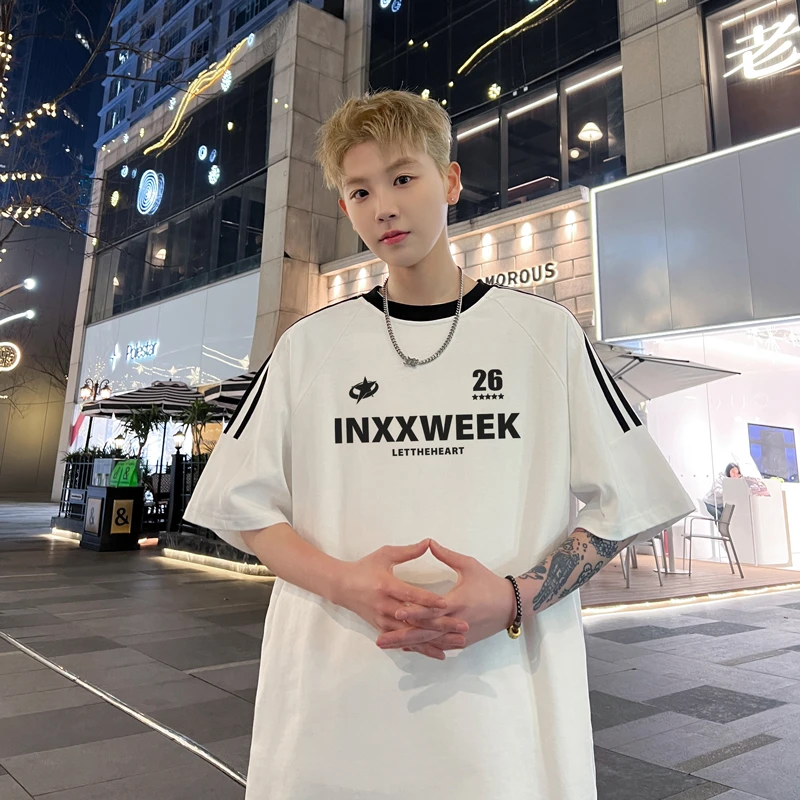 美式纯棉不透夏季圆领T恤亲肤宽松休闲男士简约字母短袖高街垂感