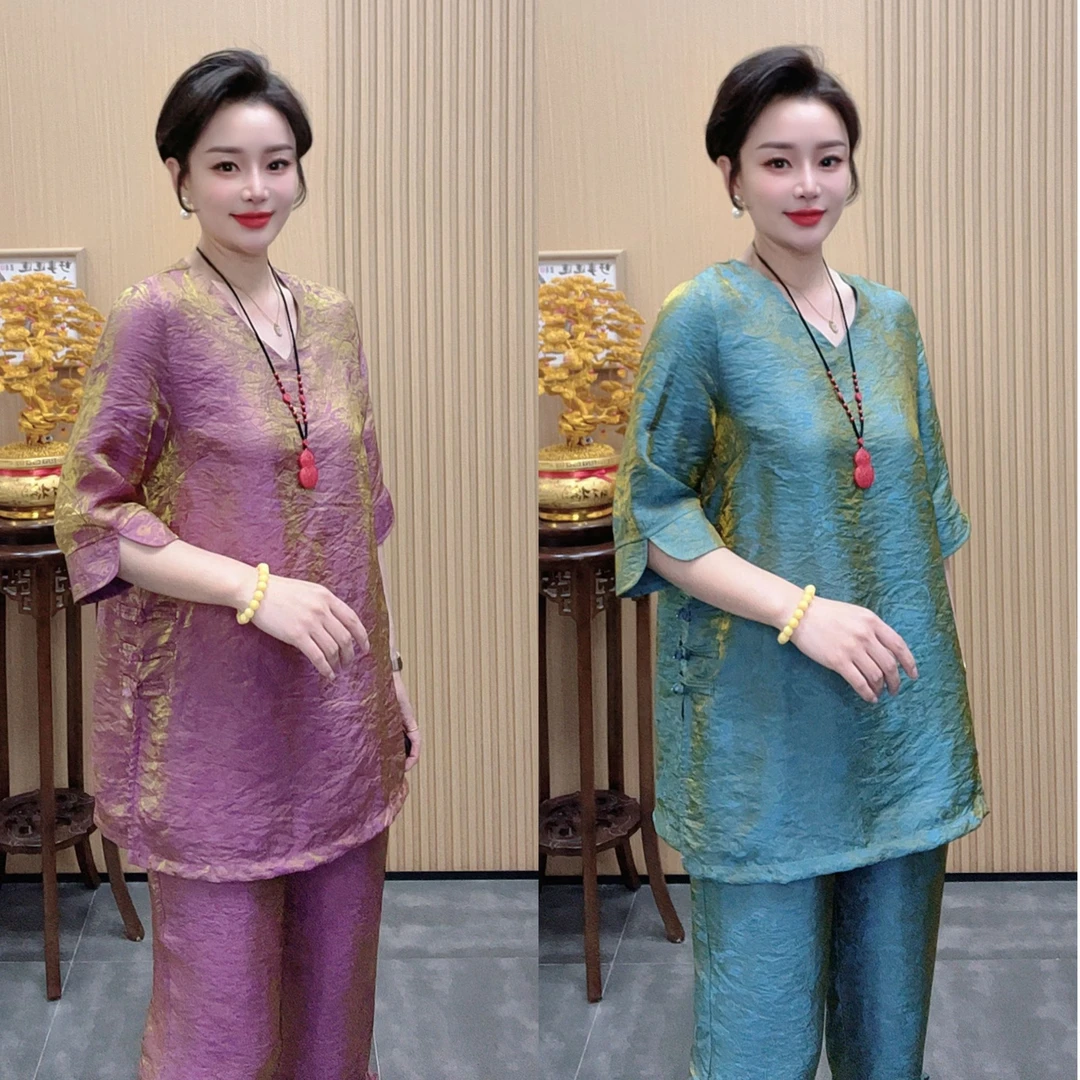 夏季七彩琉璃纱彩色套装五分短袖T恤薄款裤子夏季国风套装两件套