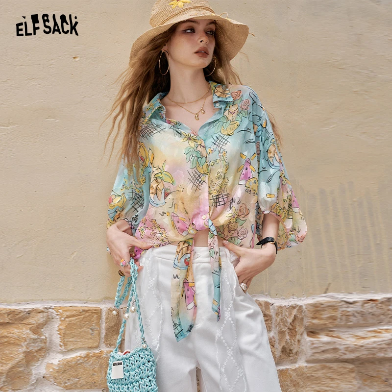 妖精的口袋趣味满印系带长袖衬衫女2025年夏季新款度假风沙滩上衣
