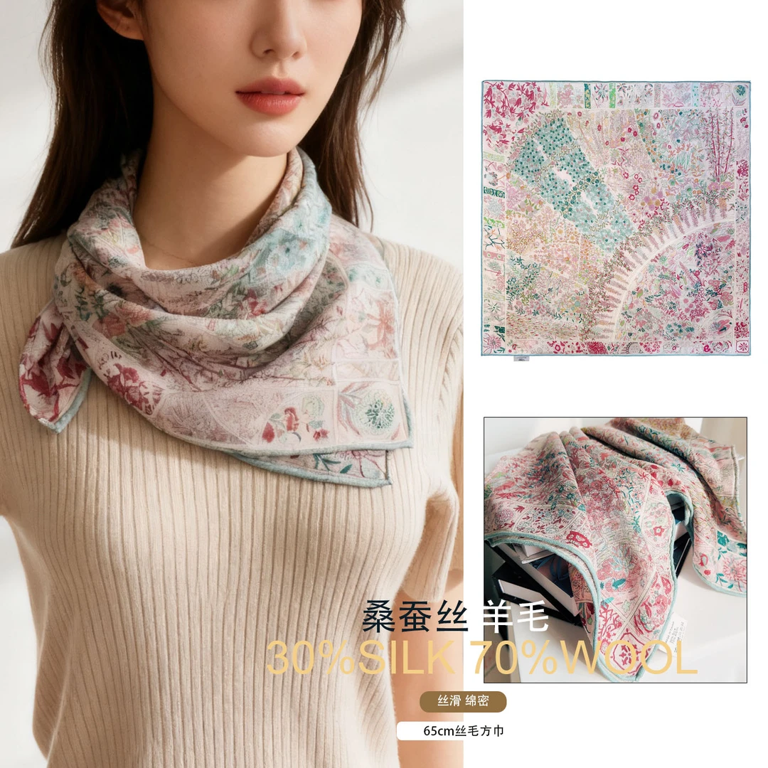 【70丝毛bandana】莫奈花园 桑蚕丝羊毛双面手卷高端中方巾围巾女