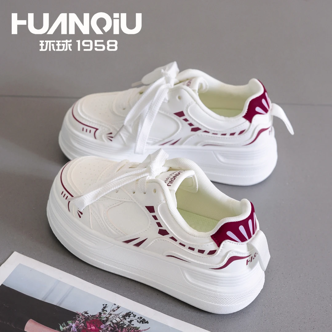 HUANQIU/环球2025春秋厚底小白鞋女时尚百搭网红皮面厚底休闲鞋