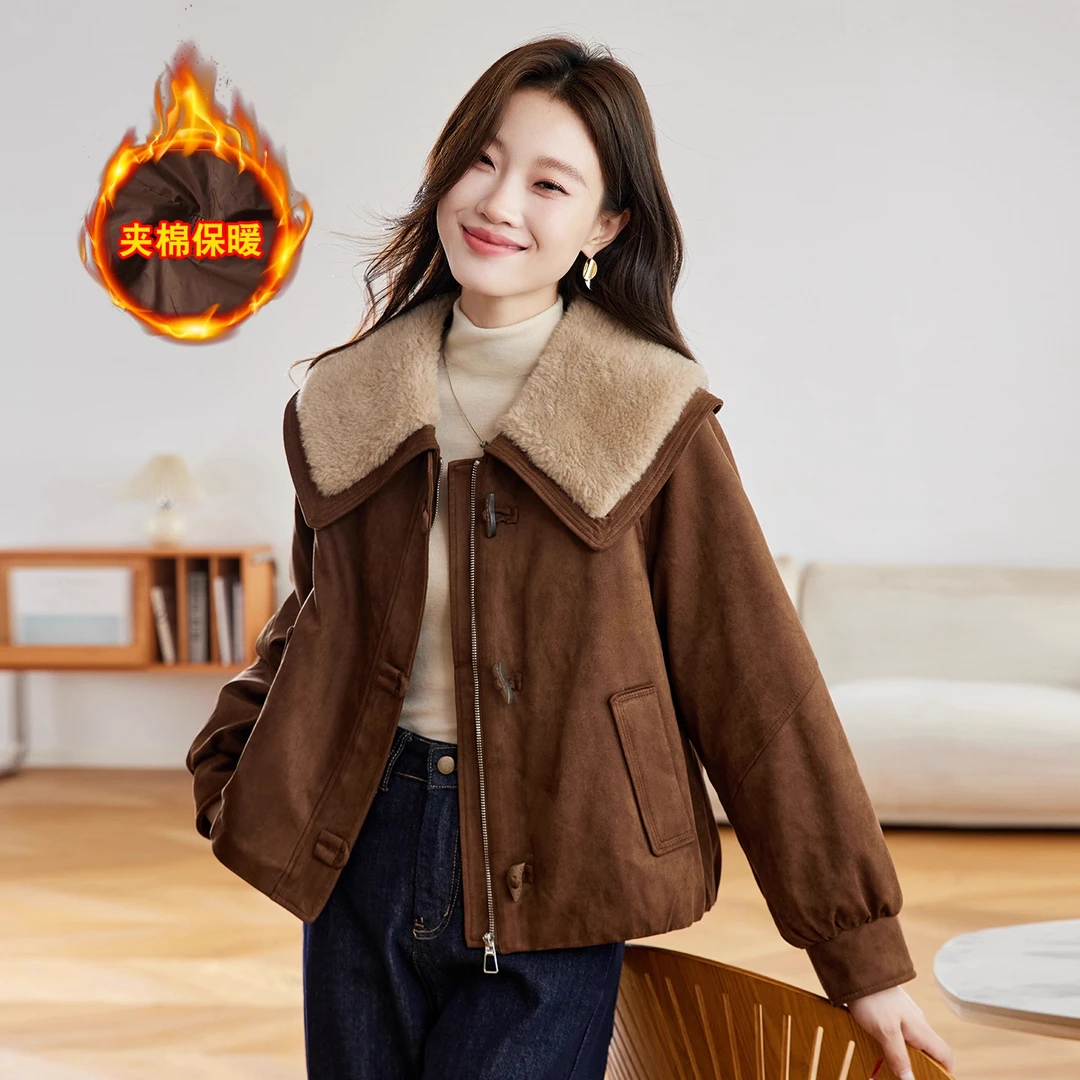 时尚减龄羊羔毛翻领夹棉加厚外套女2025秋冬宽松超好看鹿皮绒棉服