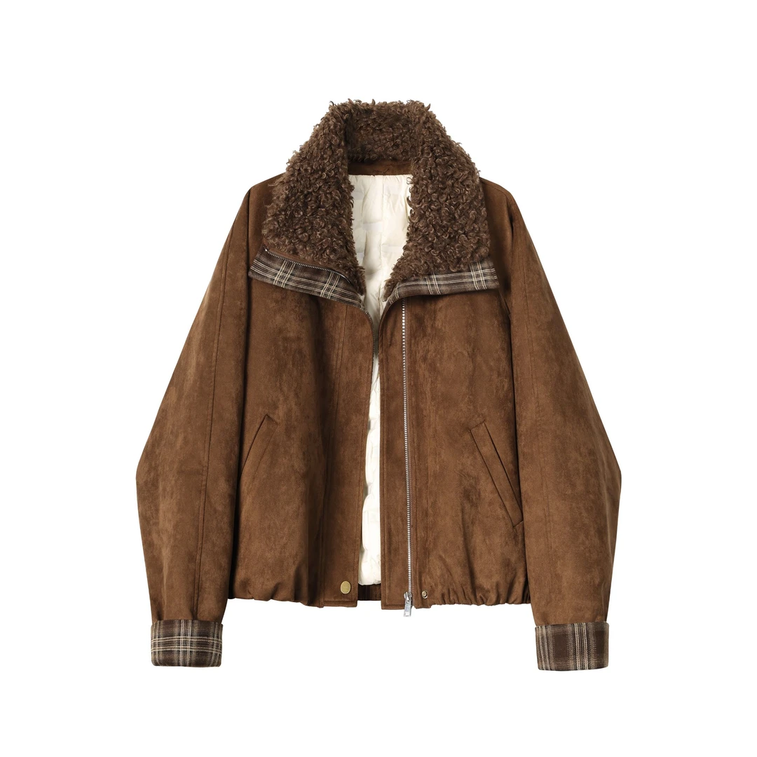 【90白鸭绒】麂皮羽绒服可拆卸翻领女长袖羊羔毛复合时尚韩版秋冬