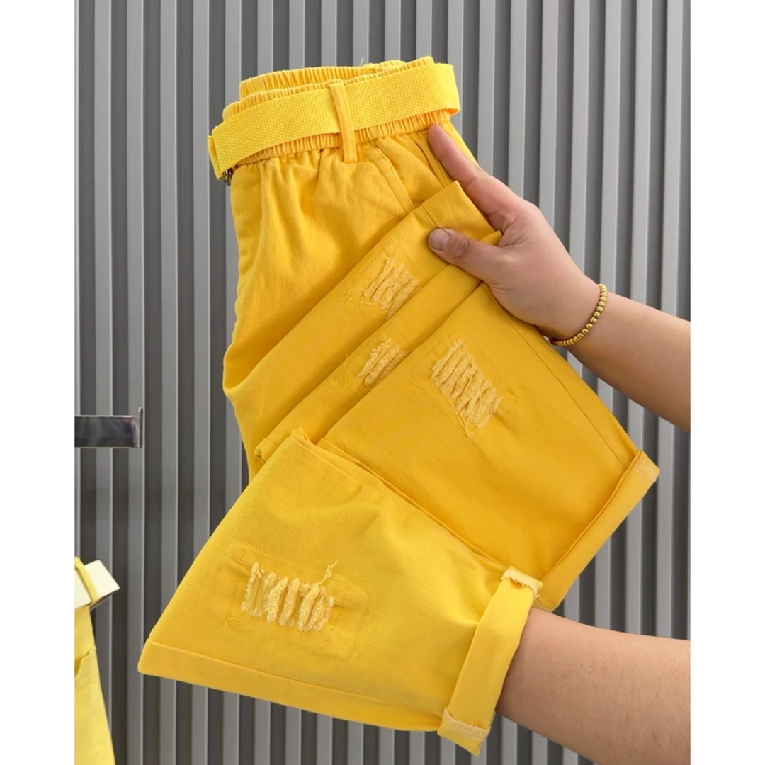 新款显瘦时尚百搭磨破休闲风透气春夏季高腰哈伦裤女士微弹力长裤