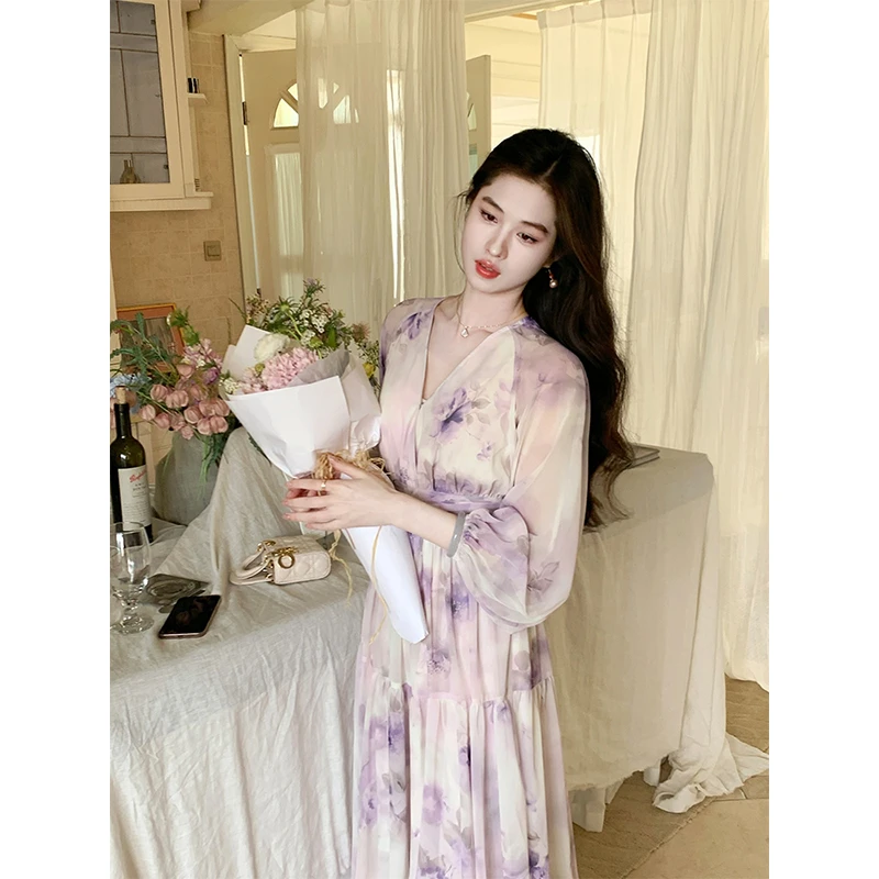 凌茜【解语花】国风新中式法式紫花长袖长裙温柔高级氛围感长裙