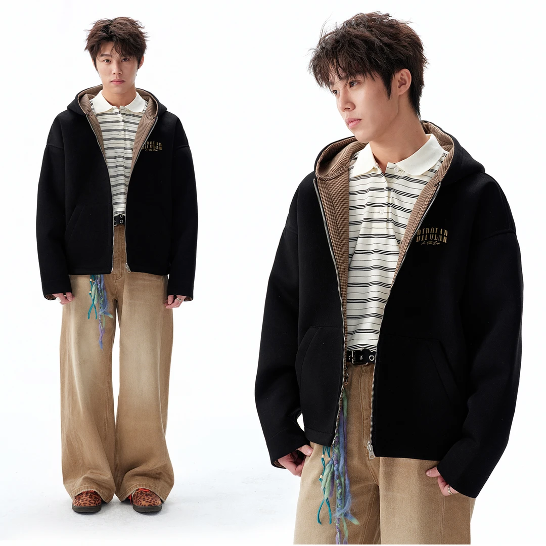 BIPOLAR双面穿千鸟格百搭休闲宽松潮流情侣秋冬连帽卫衣 18M219