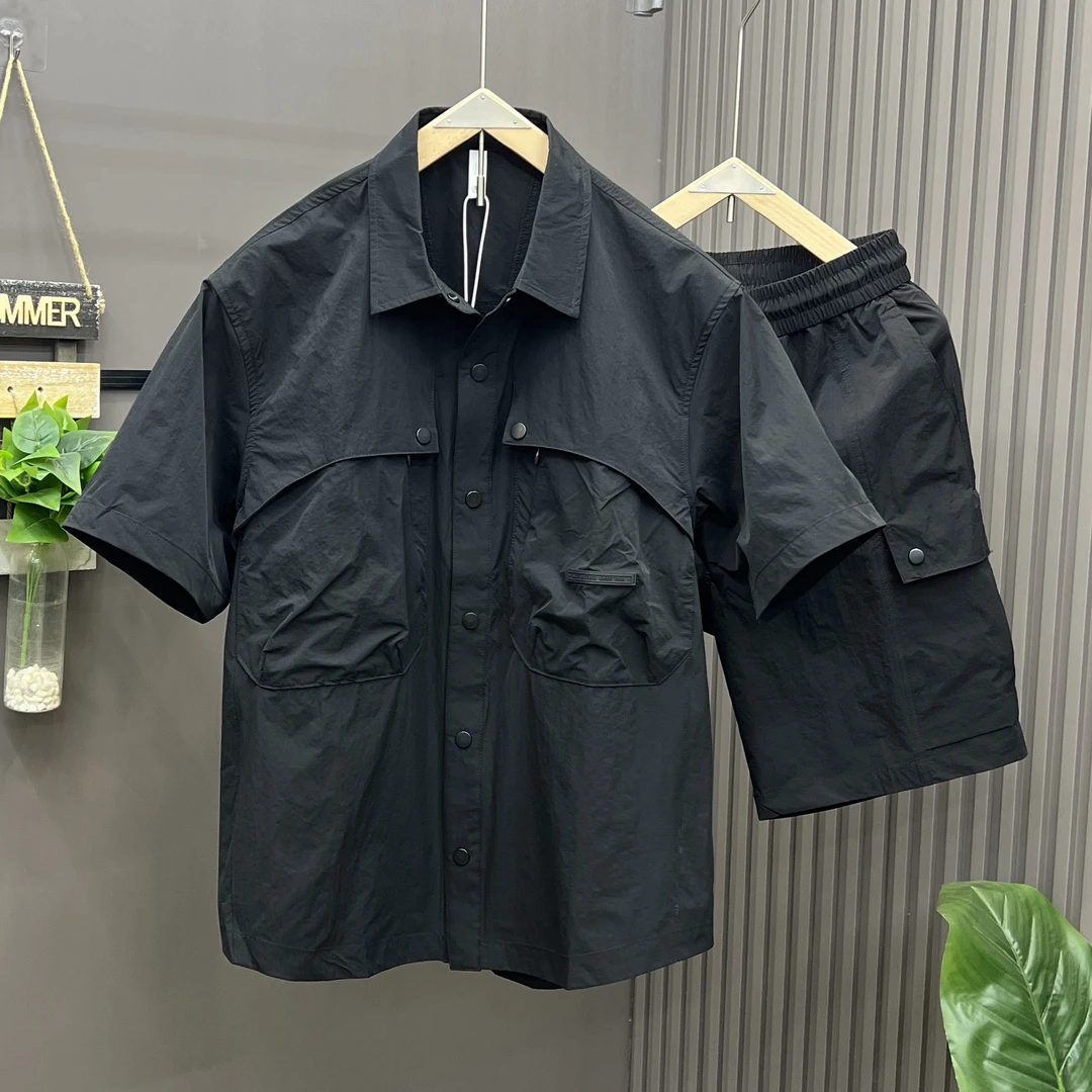 夏季轻薄翻领上衣套装男潮流速干工装短袖宽松透气短裤两件套