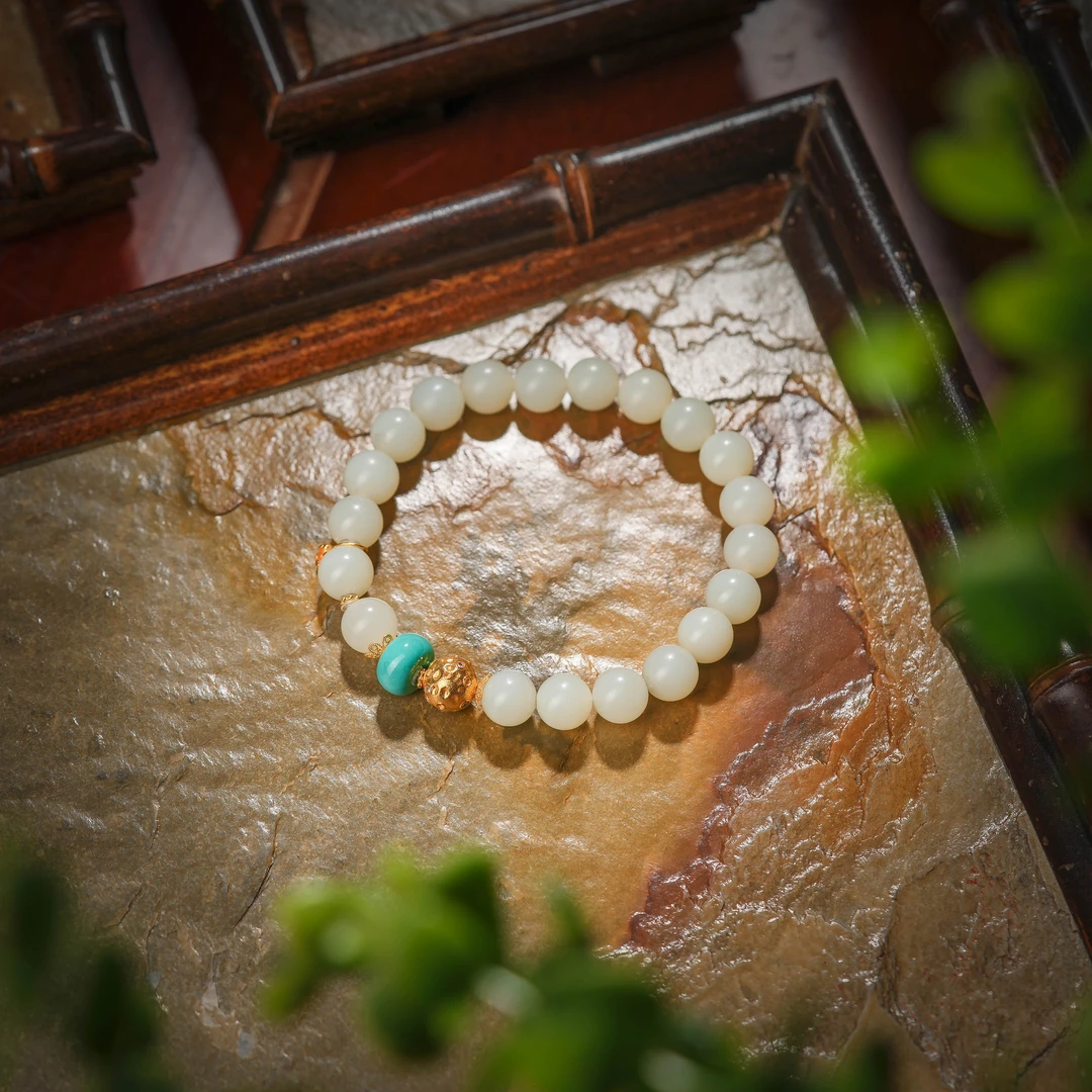 云莼·典藏级和田玉米达老料18K金白玉手串AS1036约8mm