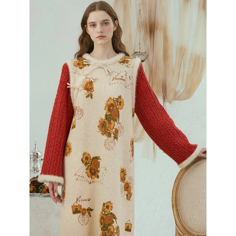 两三事炽日颂春裙子国风针织毛衣裙冬季新中式裙子秋冬款连衣裙