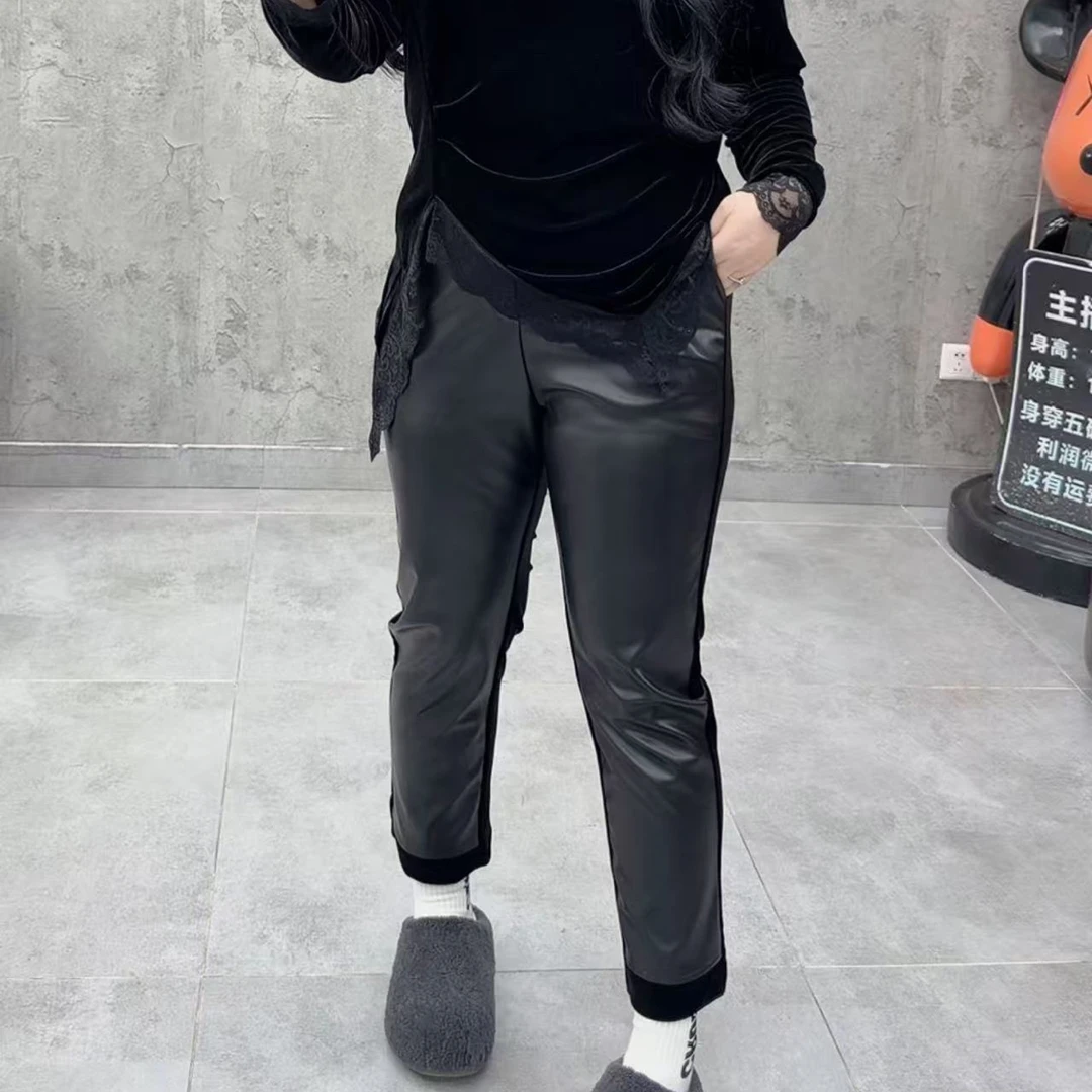 洋气休闲拼接绒显瘦烟管裤