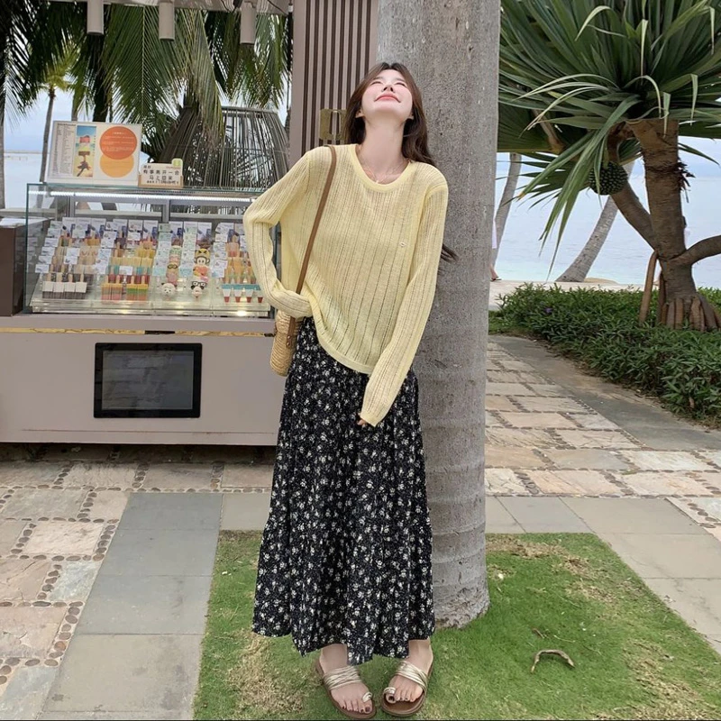 海边度假风套装裙夏季女2025新款复古法式森系针织罩衫碎花半身裙