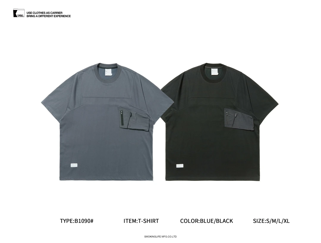 b1090 国潮cityboy男女宽松情侣拉链口袋圆领小领口短袖T恤