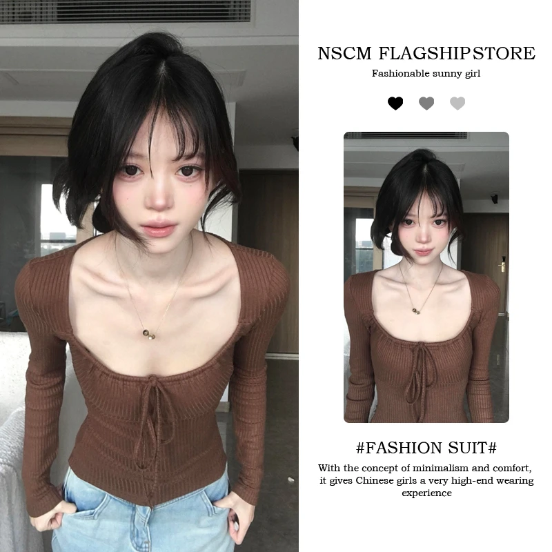 NSCM秋冬新款设计纯欲性感时尚方领长袖T恤上衣女装洋气时髦气质
