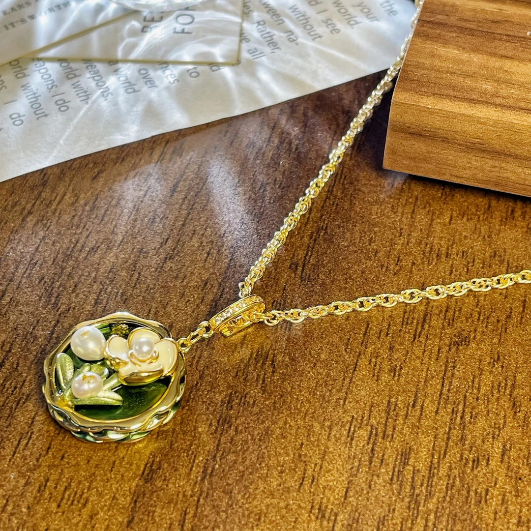 铜合金仿珍珠吊坠 P3-2033 山茶花圆坠链法式轻奢复古宫廷风精美