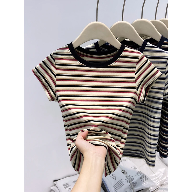 复古撞色条纹短袖t恤女修身夏季设计感收腰显瘦百搭正肩小衫上衣